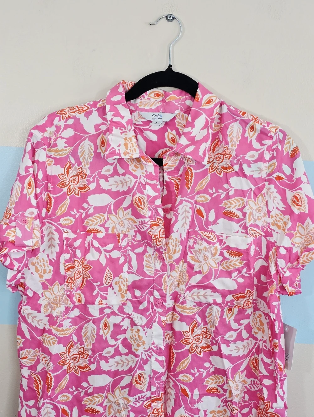 Croft & Barrow Pink and Orange Floral Button Front Top - Picture 3 of 7